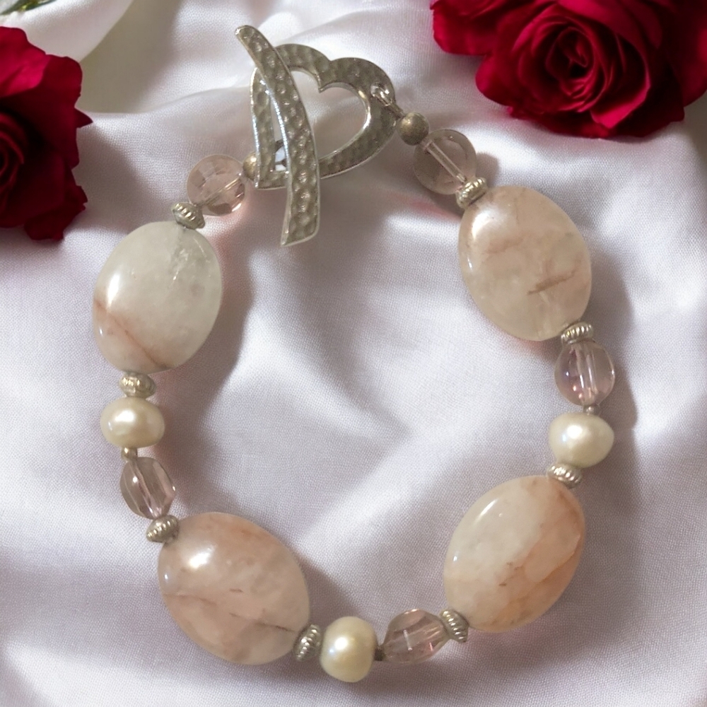 Giveaway! Hand Crafted Peach Quartz Silver Heart Pearl Bead Bracelet